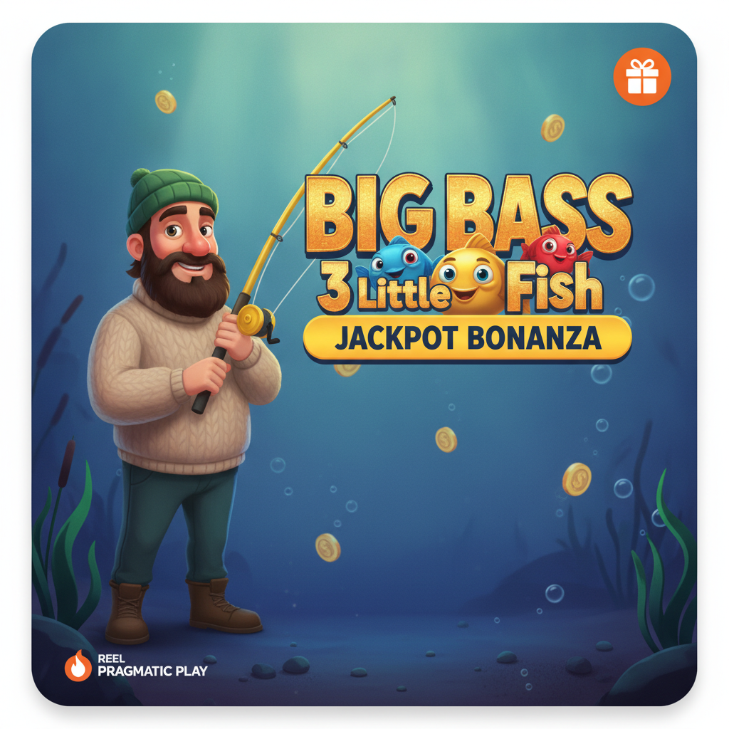 Big Bass 3 Little Fish Jackpot Bonanza slot game showing fisherman character holding fishing rod with three cartoon fish in blue, gold, and red against underwater background with aquatic plants