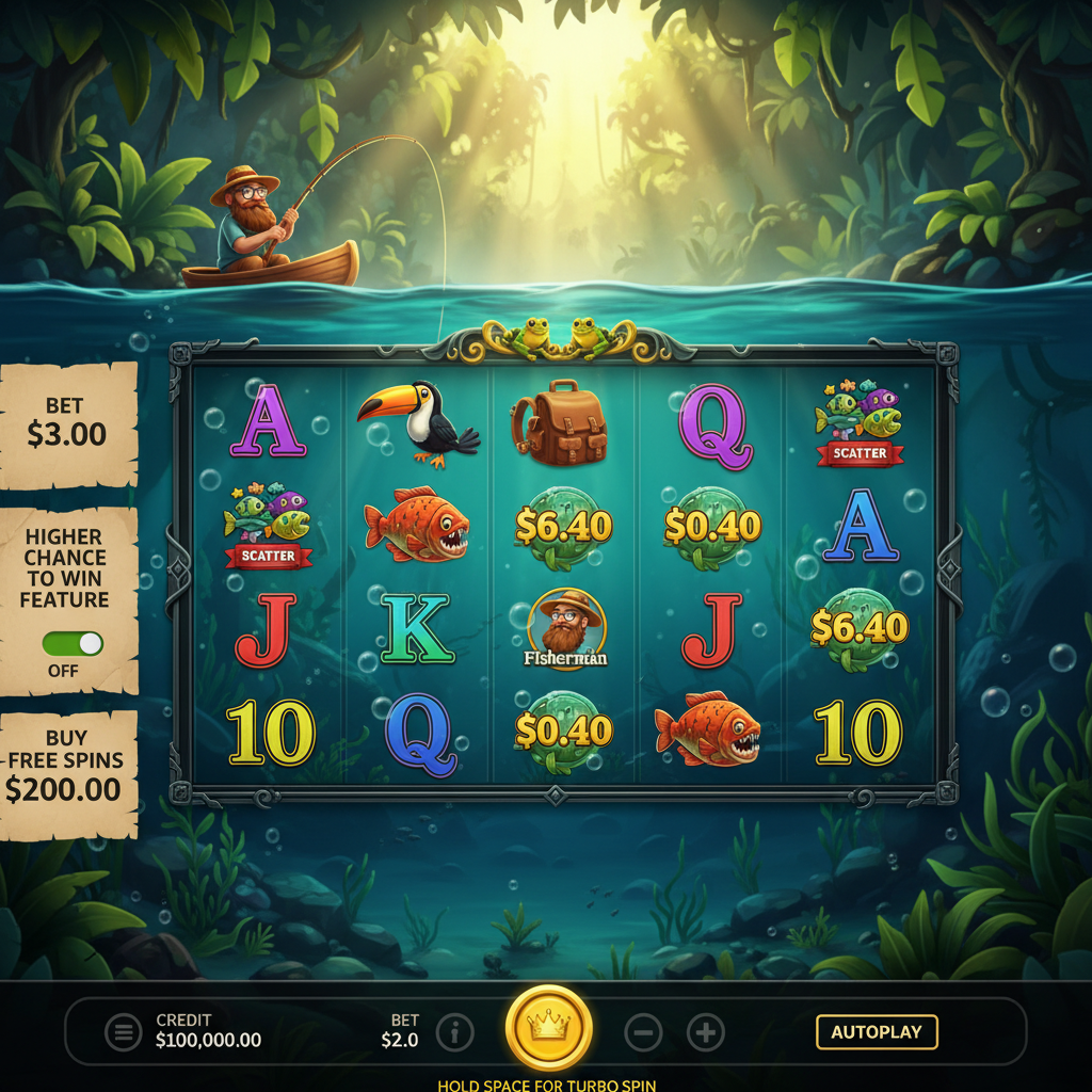 Big Bass Amazon Xtreme slot showing underwater Amazon river with fisherman in canoe, exotic fish symbols, toucan and piranha on 5x4 reels with jungle background