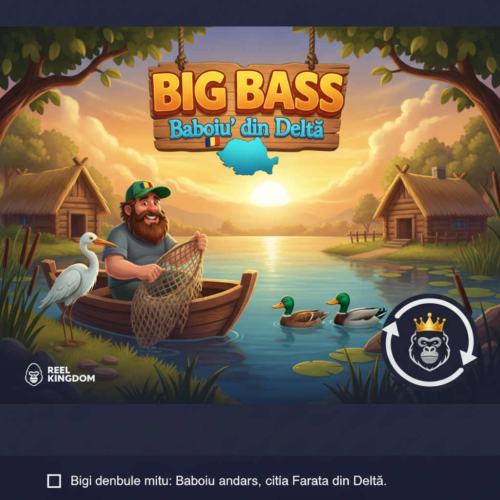 Big Bass Baboiu' din Delta slot game featuring Romanian fisherman in wooden boat with fishing net, pelican, ducks on Danube Delta water at golden sunset with traditional thatched huts