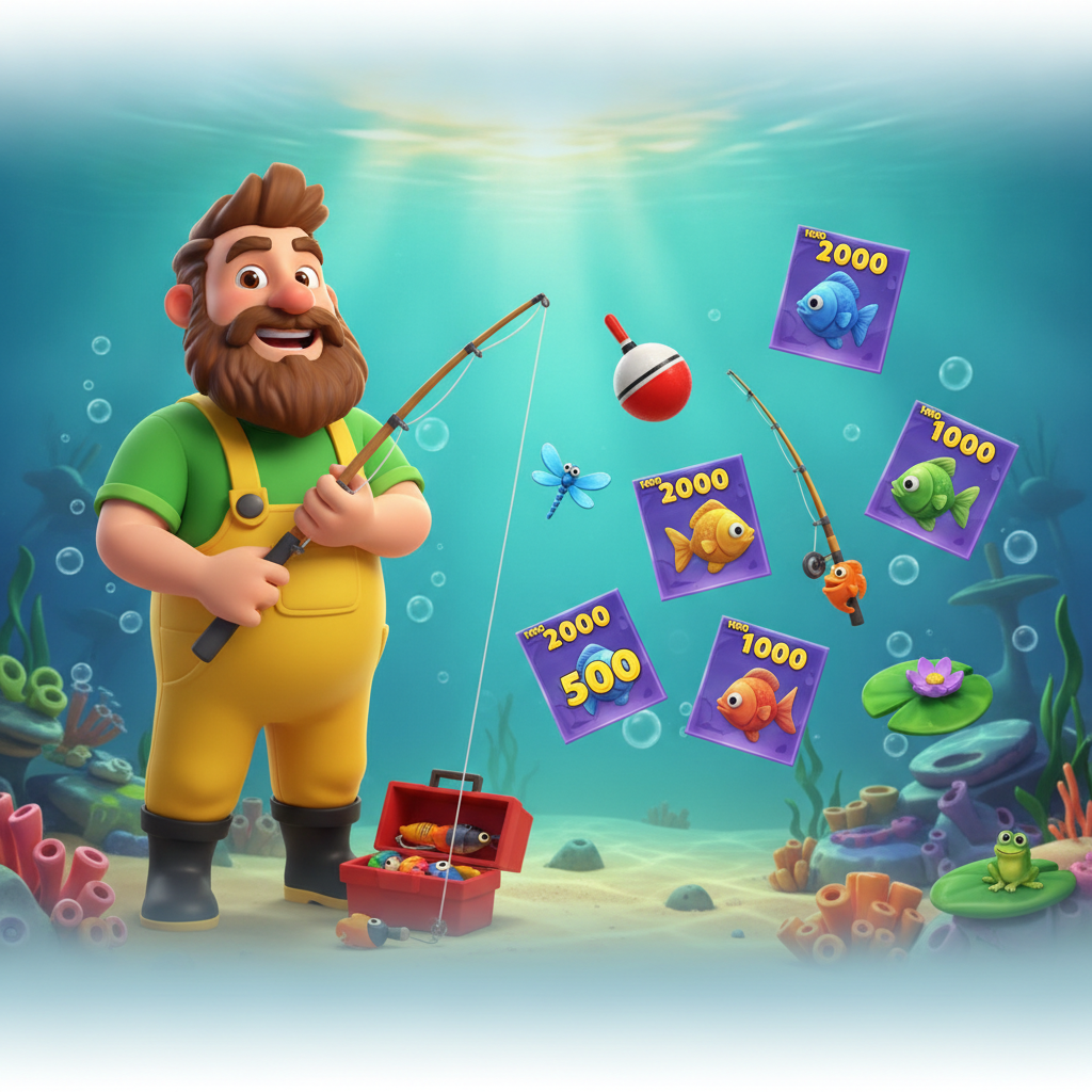 Big Bass Bonanza 1000 slot featuring cheerful fisherman in yellow overalls and green shirt with fishing rod, underwater turquoise scene with bass fish, tackle box, dragonfly, and money symbols