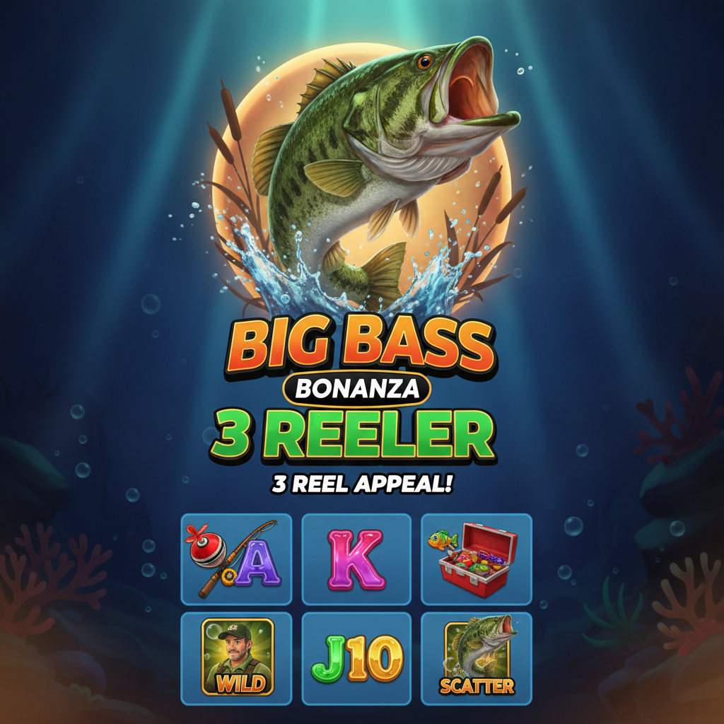 Big Bass Bonanza 3 Reeler slot game featuring a jumping largemouth bass fish, underwater fishing theme with colorful lures, bobbers and fishing equipment on 3x3 reel grid