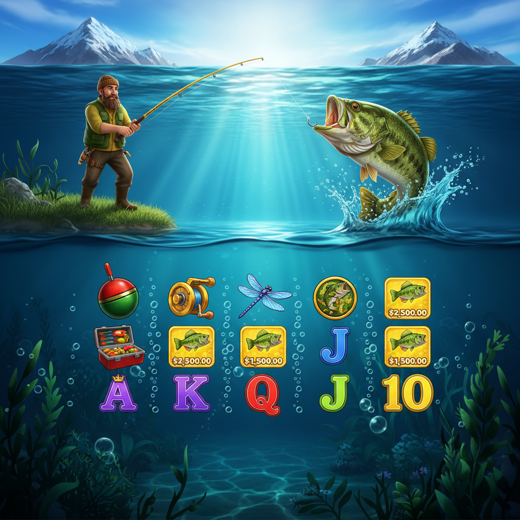 Big Bass Bonanza slot game showing fisherman with rod, large bass fish leaping from water, underwater reels with fishing bobber, dragonfly, tackle box symbols