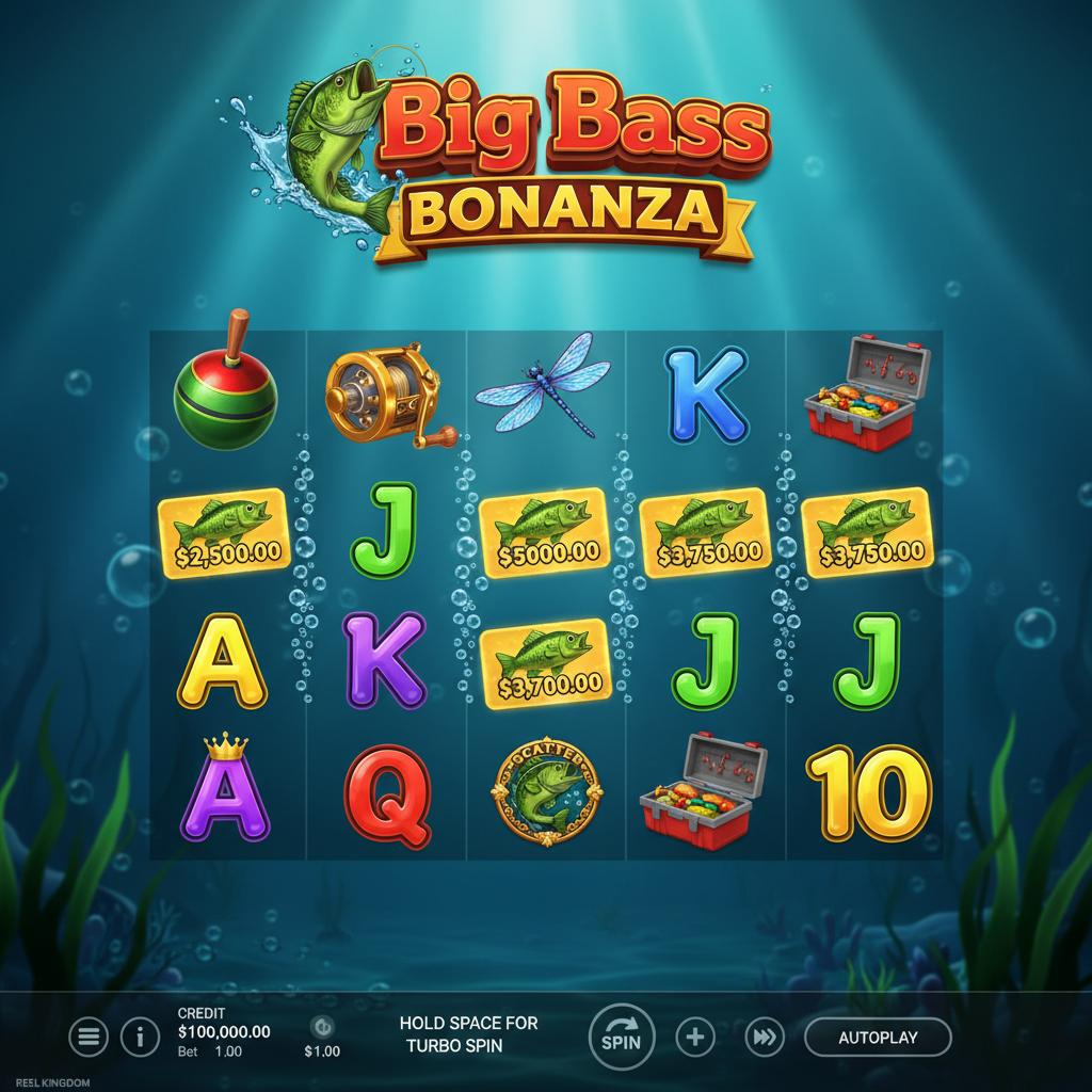 Big Bass Bonanza slot game featuring fisherman wild symbol, bass fish money symbols, and underwater fishing theme with bobber, dragonfly, and tackle box symbols