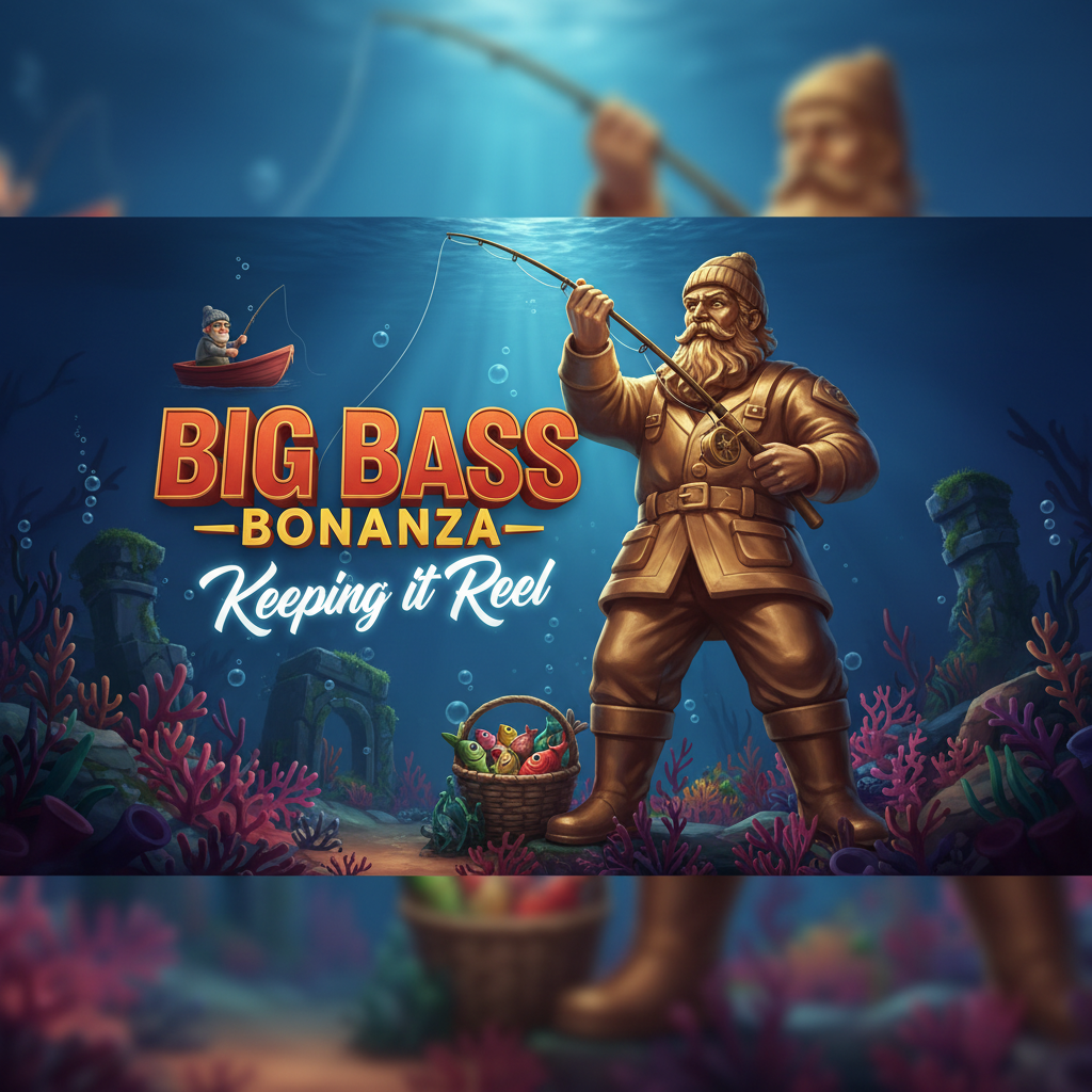 Big Bass Bonanza Keeping it Reel slot featuring golden fisherman statue, underwater fishing theme, bass fish symbols, and fishing rod reels on blue water background