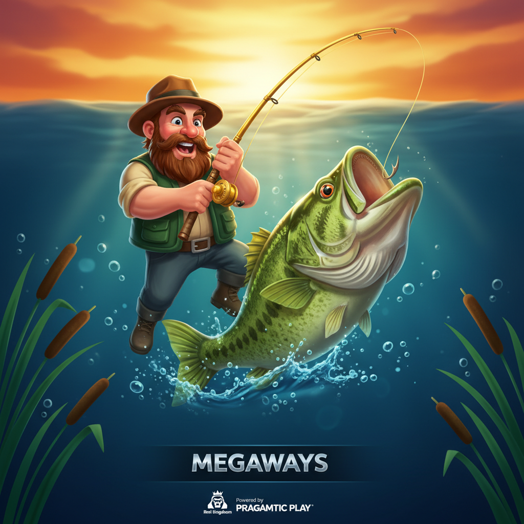 Big Bass Bonanza Megaways slot featuring fisherman character with fishing rod catching green bass fish from underwater scene with sunset background