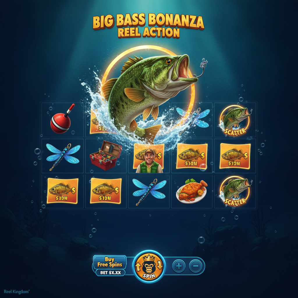 Big Bass Bonanza Reel Action slot showing largemouth bass leaping from water with fishing bobber, scatter symbols, and underwater reel grid with money fish symbols
