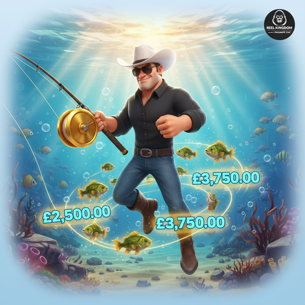 Big Bass Boom slot game featuring cowboy fisherman in white hat and sunglasses holding fishing rod with underwater blue background and bass fish money symbols