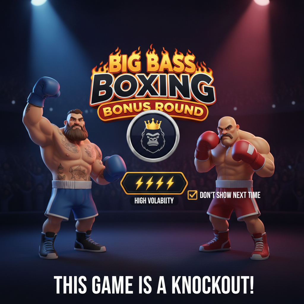 Big Bass Boxing Bonus Round slot showing blue bearded boxer and red bald boxer with mustache in spotlit boxing arena with game logo between them