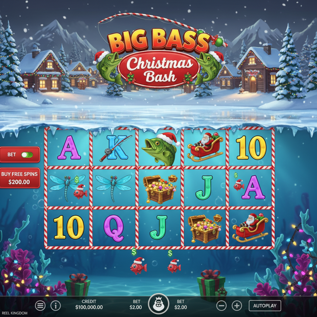 Big Bass Christmas Bash slot game featuring bass fish with Santa hat, bearded fisherman in elf outfit, snowy village background, candy cane fishing rod, and Christmas decorations on frozen lake
