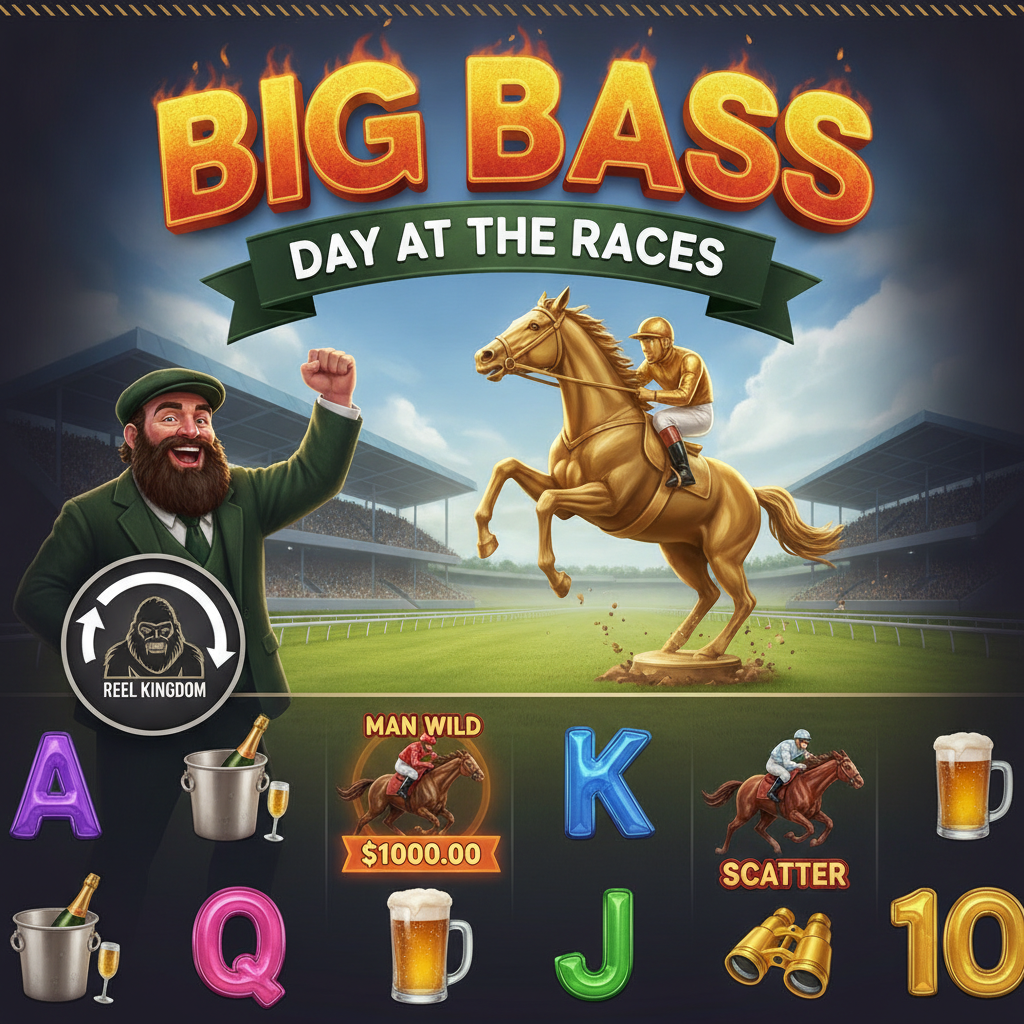 Big Bass Day at the Races slot game showing golden trophy horse statue with bearded fisherman character in green tweed jacket at horse racing grandstand with scatter and wild symbols