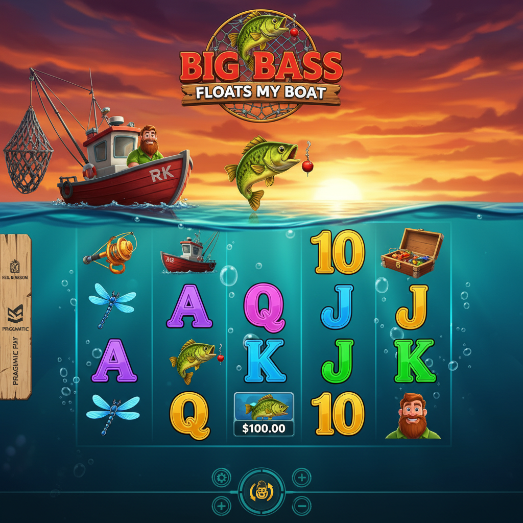 Big Bass Floats My Boat slot game showing fishing boat, bass fish scatter symbol, fisherman character and underwater reel grid with bubble card symbols
