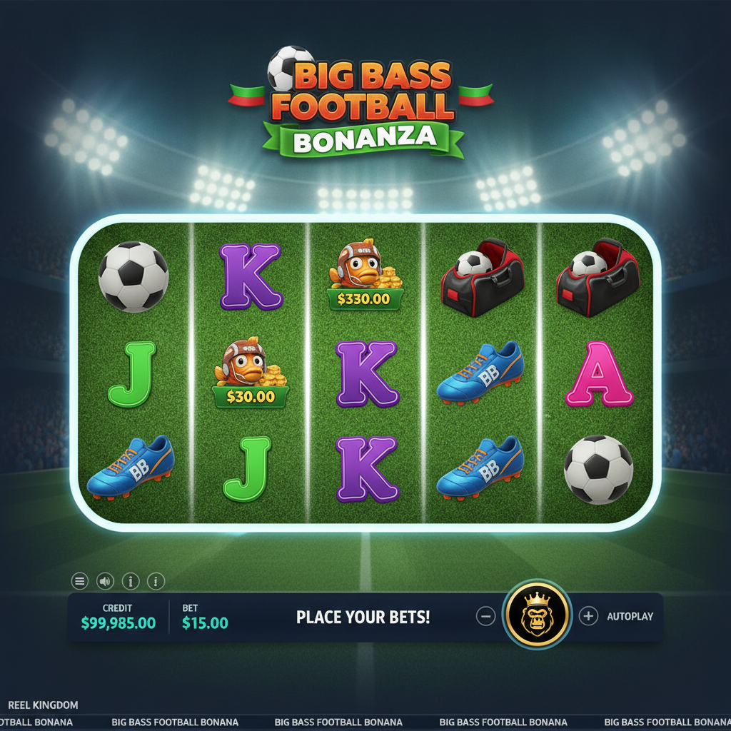 Big Bass Football Bonanza slot game showing football stadium with 5x3 reels, money fish symbols with cash values, blue football boots, sports bag, and colorful letter symbols on bright green pitch background