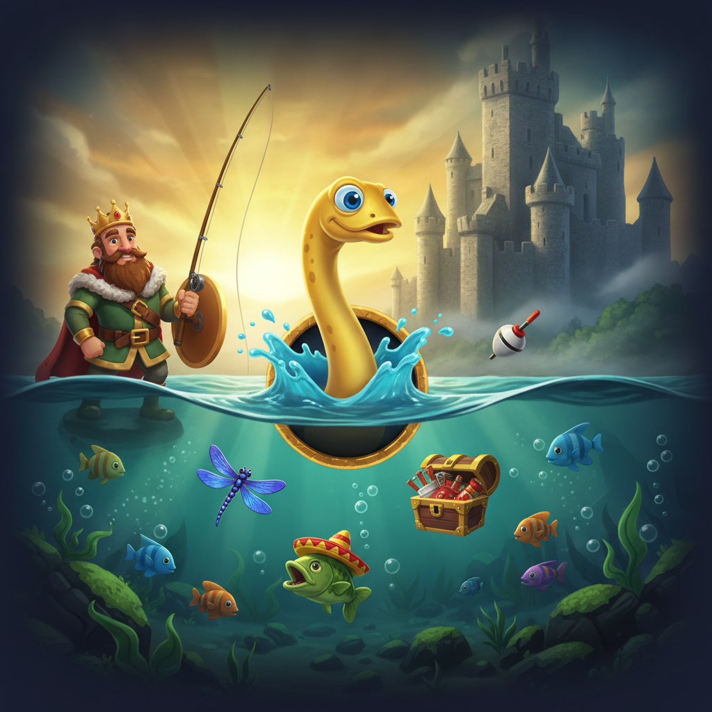 Big Bass and the Gold Ness Monster slot featuring cartoon fisherman king, golden Loch Ness Monster, medieval Scottish castle, underwater teal-green loch setting with fishing symbols and treasure chests