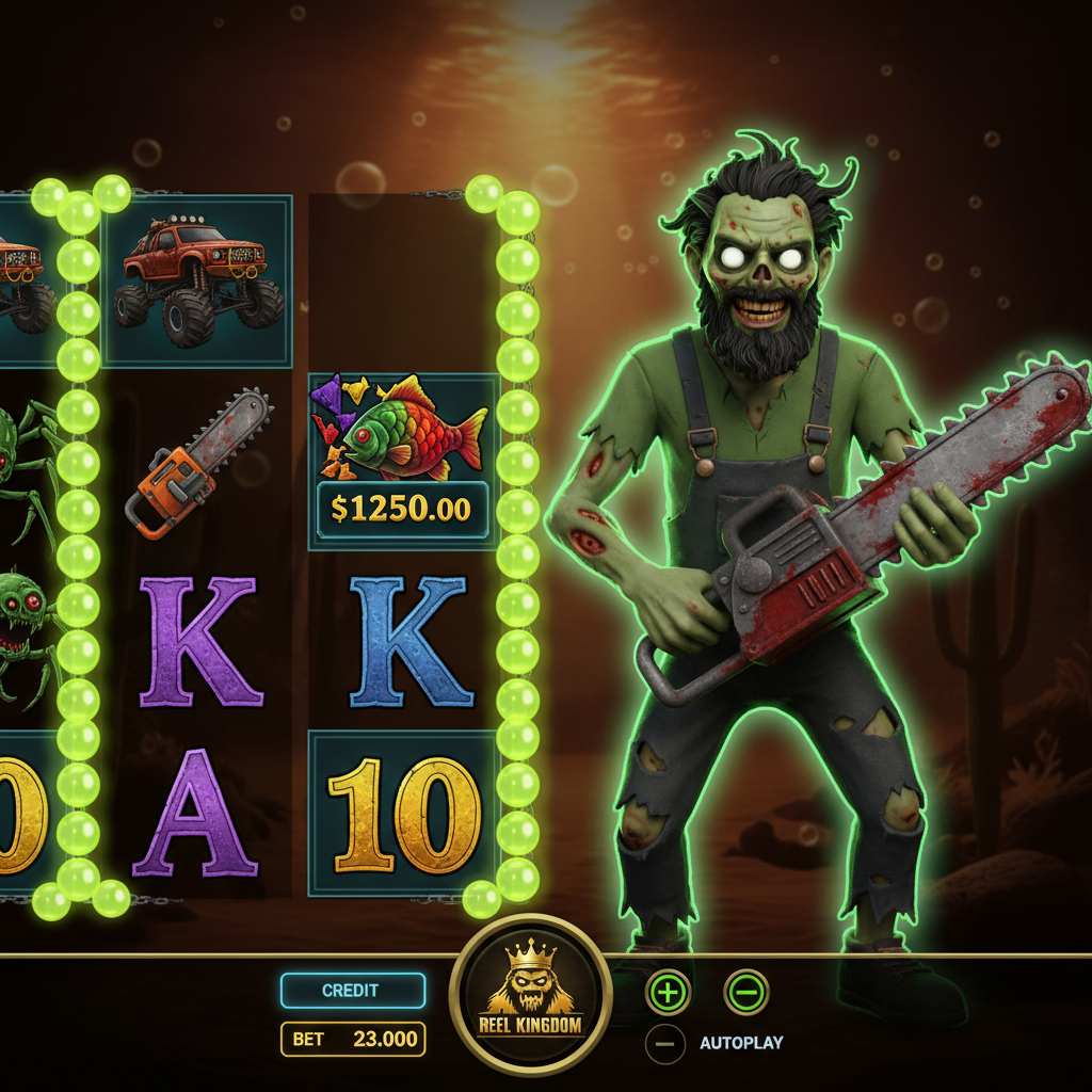 Big Bass Halloween II slot showing zombie fisherman with chainsaw, monster truck symbol, and glowing green underwater reels with horror theme