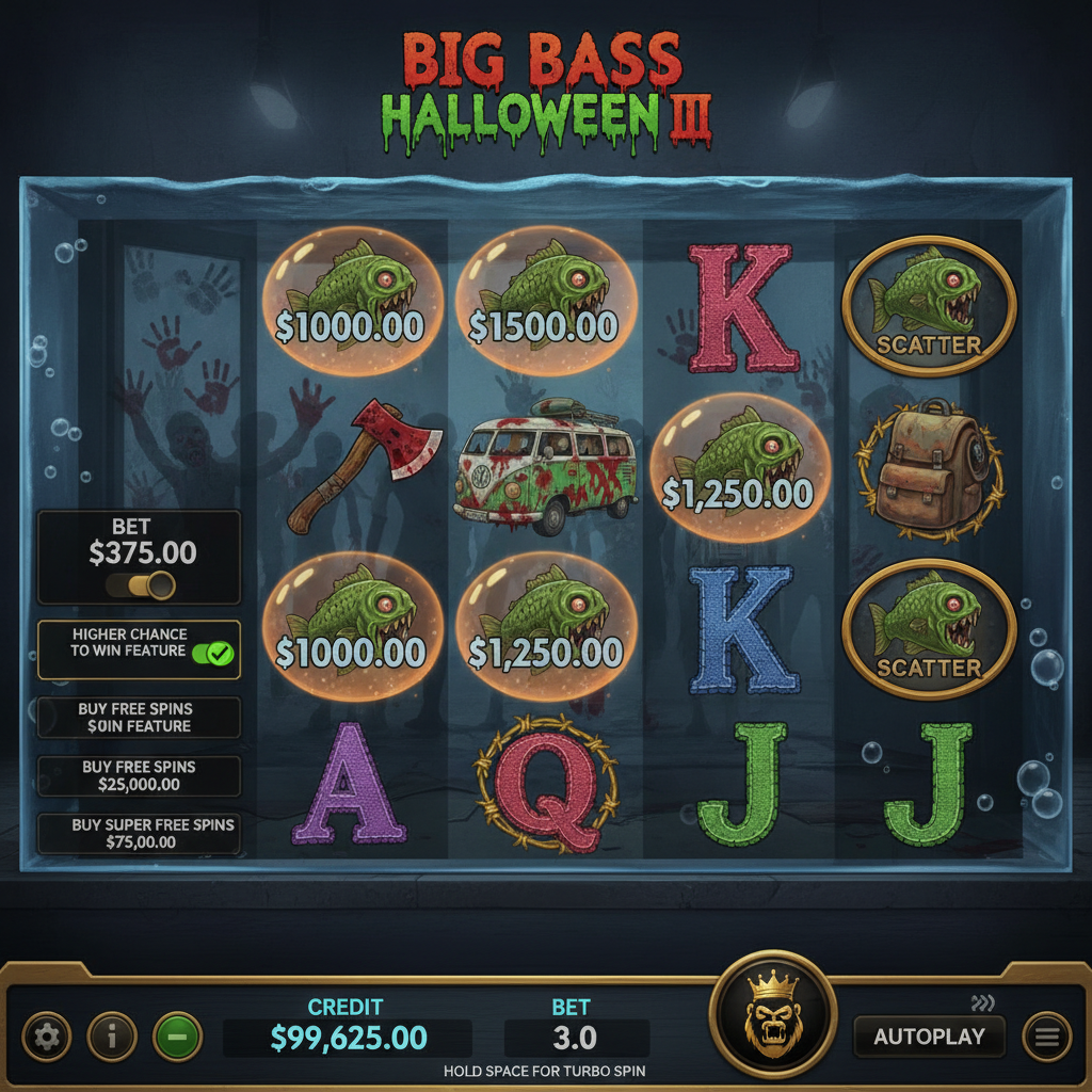 Big Bass Halloween III slot game showing 5x3 reels with zombie fish money symbols, bloody axe, zombie van, fishermen characters in aquarium tank with zombie apocalypse background