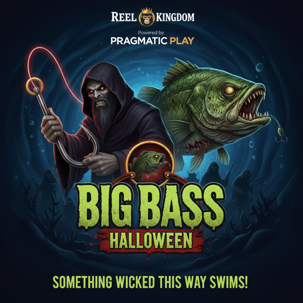 Big Bass Halloween slot featuring sinister hooded fisherman with fishing hook and zombie green bass fish with horror elements in dark underwater Halloween scene