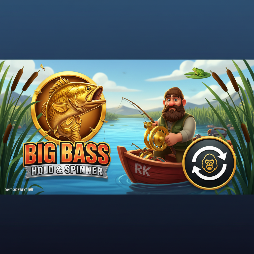 Big Bass Hold & Spinner slot featuring bearded fisherman in red boat with golden bass fish medallion, fishing theme with underwater lake scene and tackle equipment