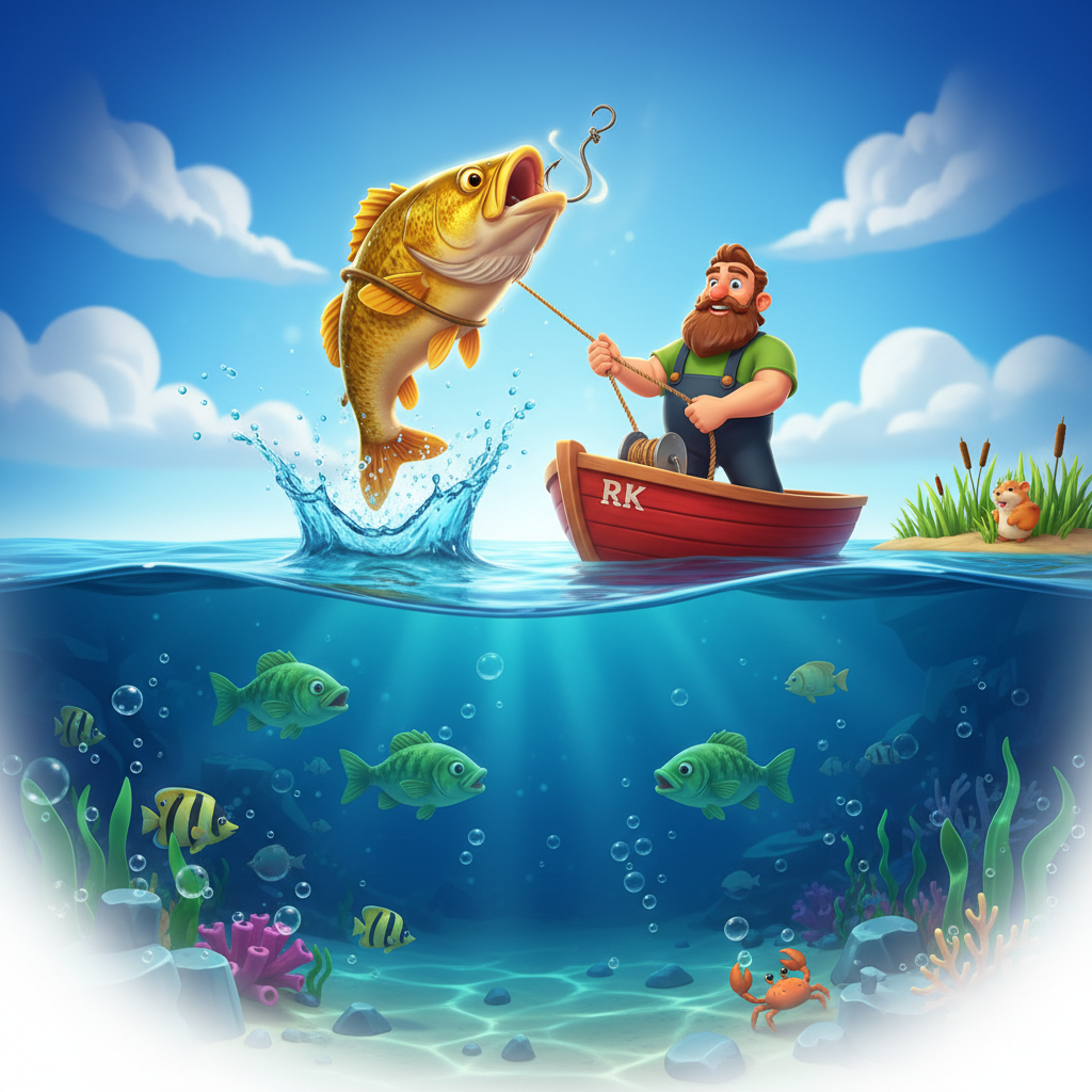 Big Bass Hold & Spinner Megaways slot featuring bearded fisherman in green shirt on red boat marked RK, golden bass fish leaping from deep blue underwater scene with bubbles and seaweed