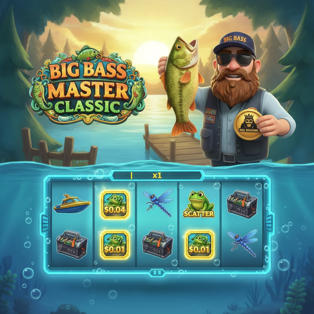 Big Bass Master Classic slot featuring fisherman character with bass fish, underwater lake reels with fish money symbols, tackle box and dragonfly symbols on 5x3 grid