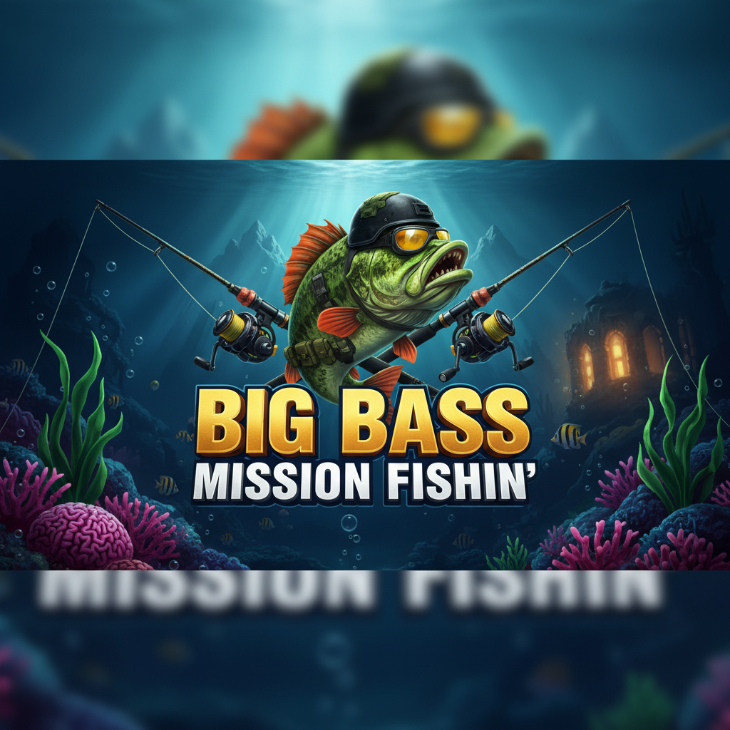 Big Bass Mission Fishin' slot game featuring tactical fisherman with goggles, underwater deep blue ocean setting with green bass fish, crossed fishing rods, military-style equipment