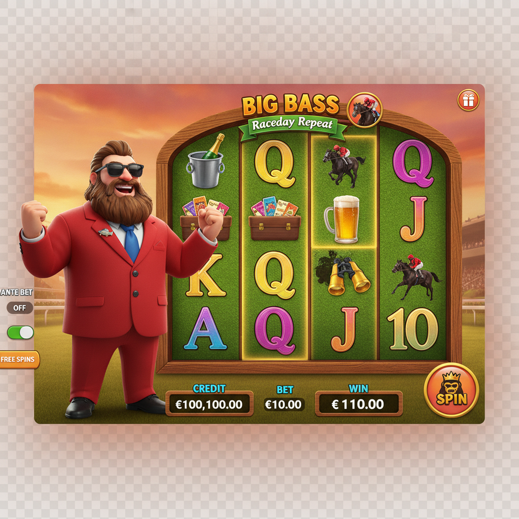 Big Bass Raceday Repeat slot game showing bearded character in red suit with horse racing track, sunset background, jockey symbols and money multipliers up to 5000x