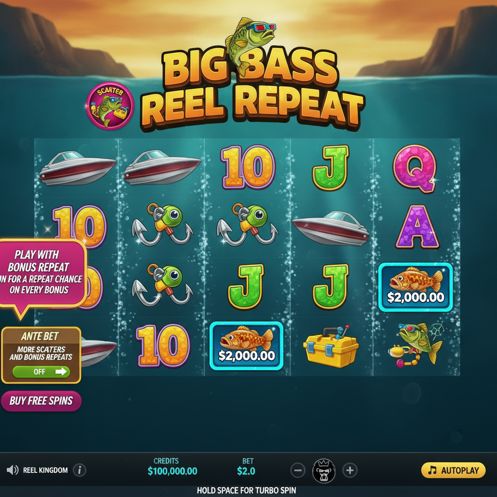 Big Bass Reel Repeat underwater fishing slot showing 5x3 reels with speedboats, dragonfly, tackle box, bass fish money symbols with dollar values, scatter badges, and colorful card symbols against turquoise teal water background