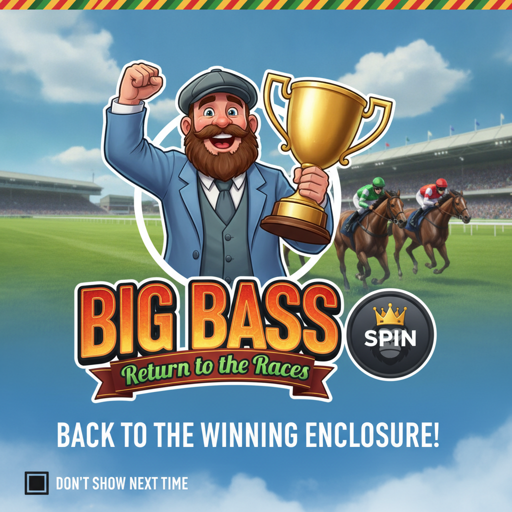 Big Bass Return to the Races slot showing bearded man in blue suit holding golden trophy cup with racing horses and British racecourse grandstand background