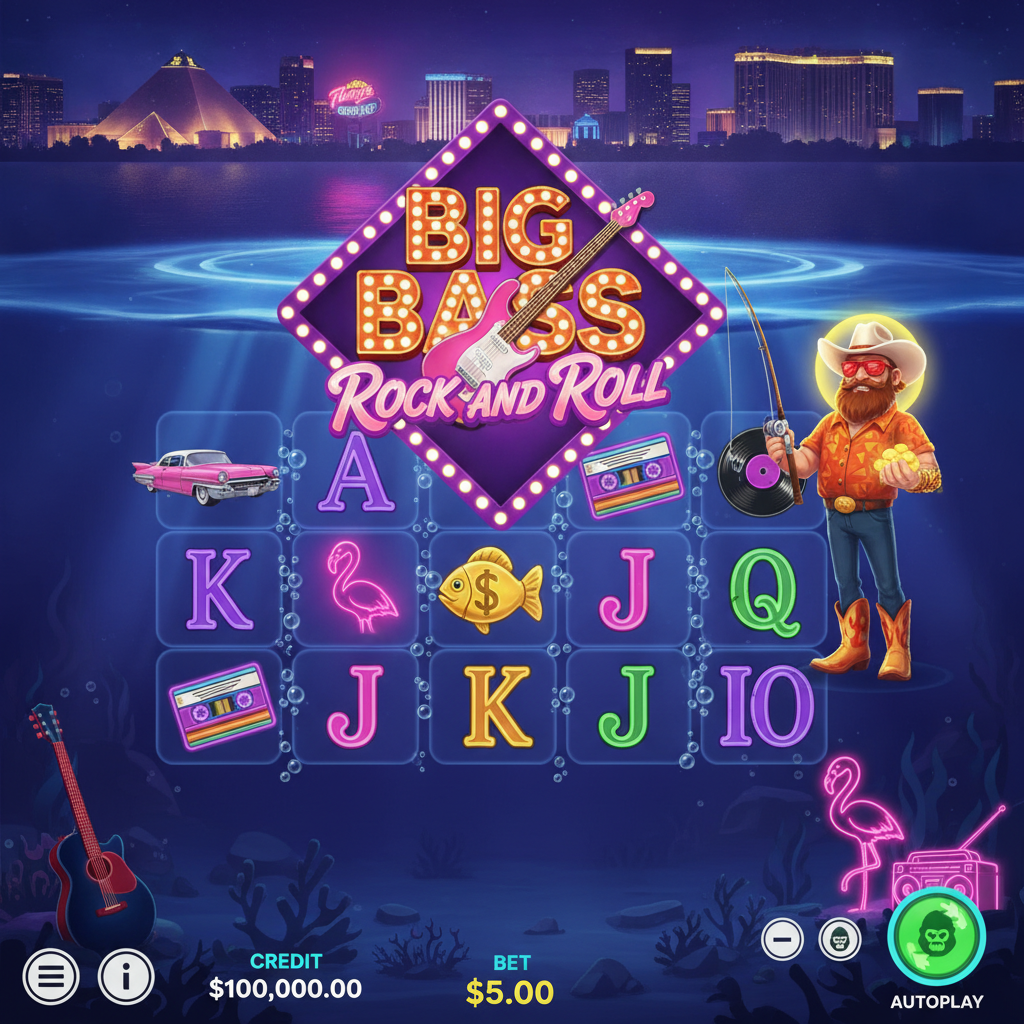 Big Bass Rock and Roll slot game showing fisherman rocker with guitar, pink Cadillac, flamingo, golden fish symbols, Las Vegas skyline, underwater rock concert theme, vinyl records, and neon lights