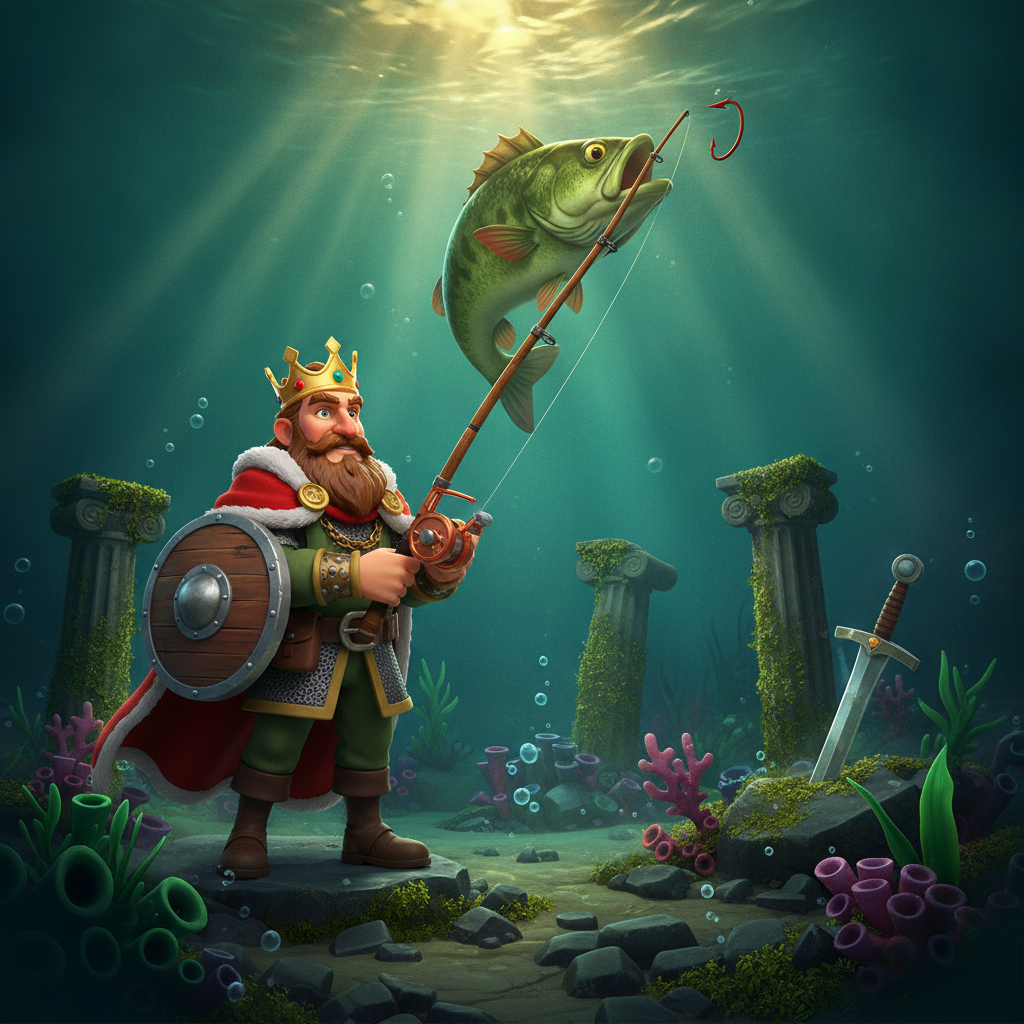 Big Bass Secrets of the Golden Lake slot game featuring bearded fisherman king with golden crown holding fishing rod in underwater medieval fantasy setting with green bass fish and ancient ruins