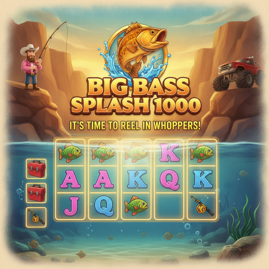 Big Bass Splash 1000 slot game showing golden bass fish, canyon backdrop, fisherman character, monster truck, and underwater reel symbols with fishing theme by Pragmatic Play