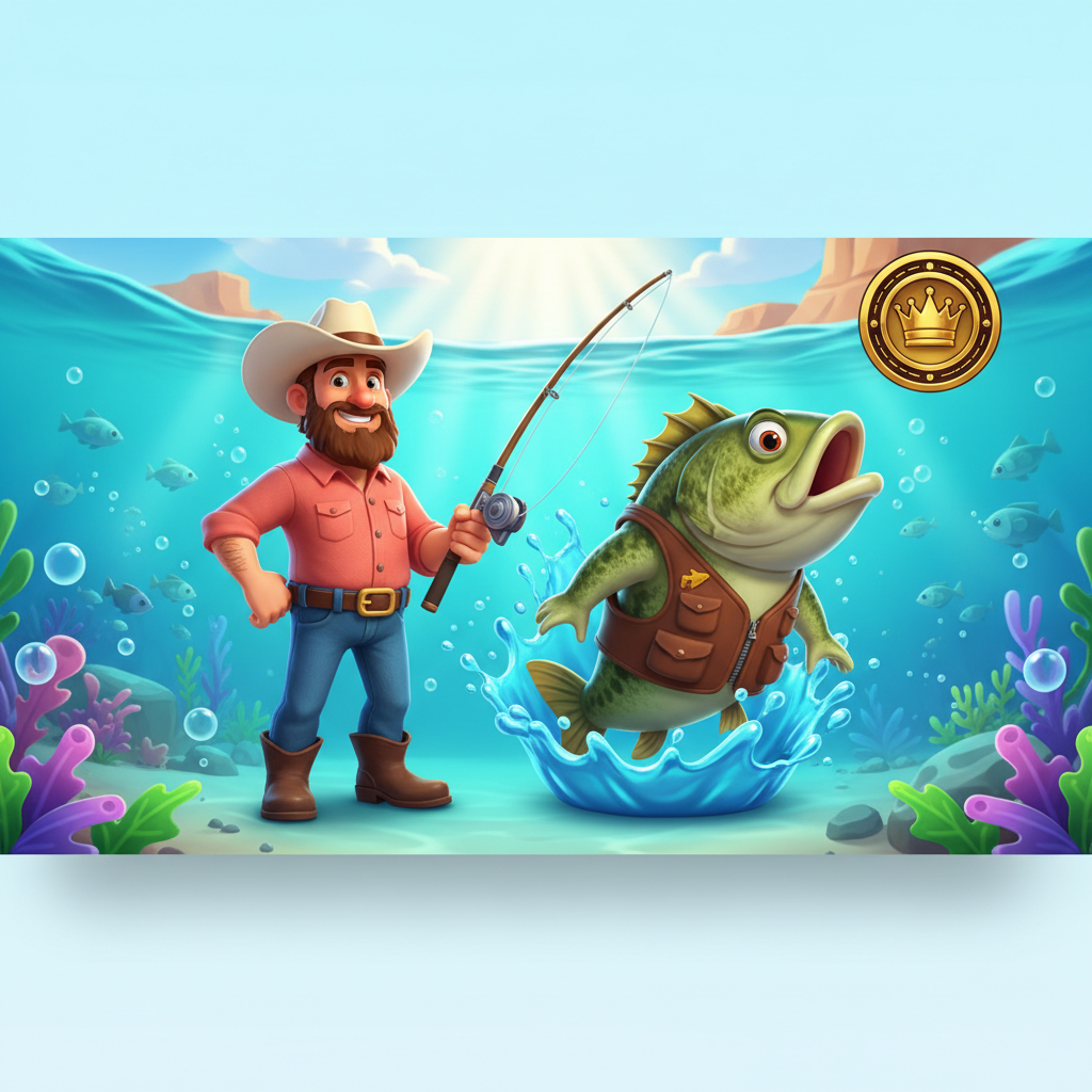 Big Bass Splash slot featuring cartoon fisherman in pink shirt and cowboy hat with bass fish mascot and turquoise underwater scene