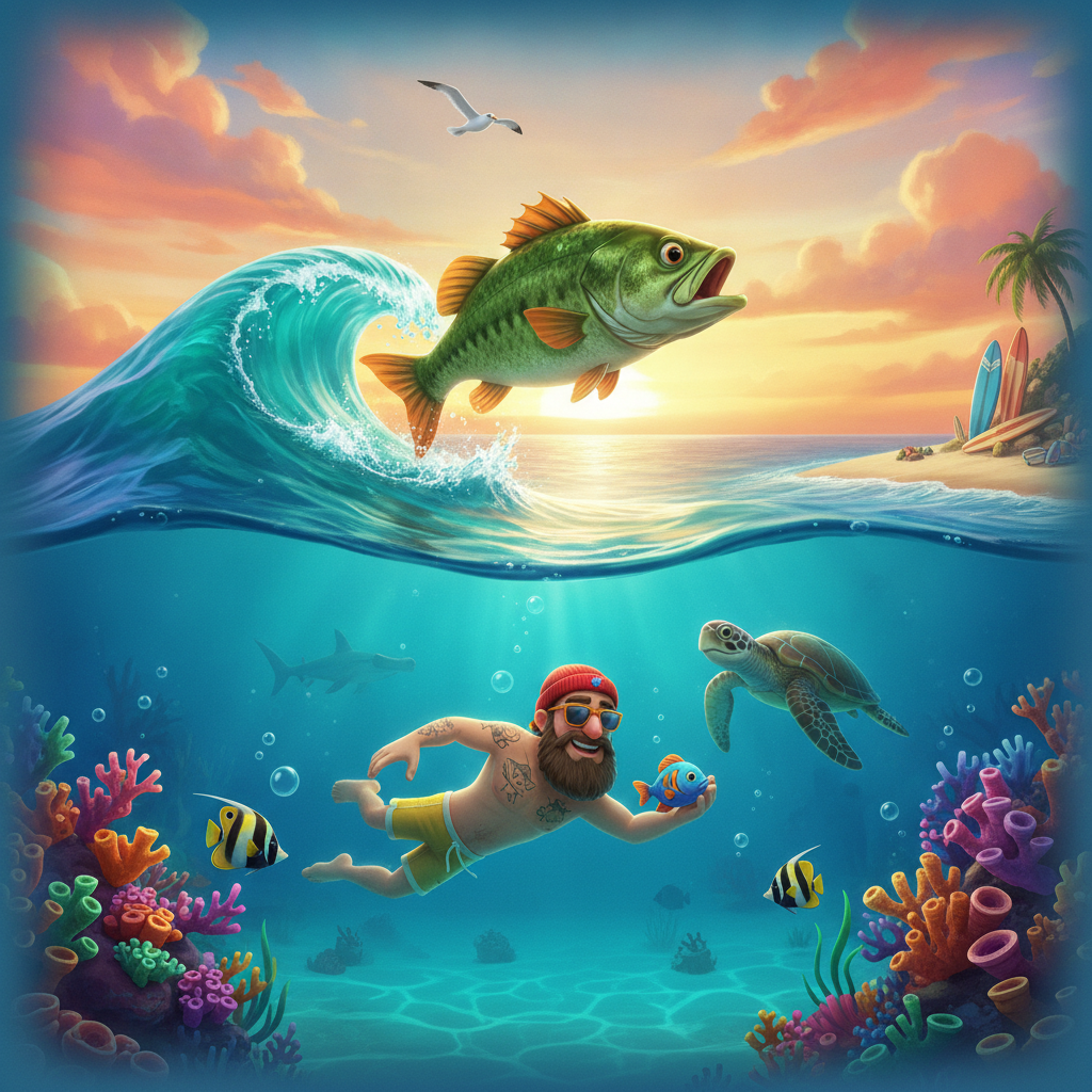 Big Bass Surf's Up slot game featuring bearded surfer character with red beanie, large green bass fish leaping from ocean waves, underwater coral reef scene with turquoise water and vibrant sunset sky