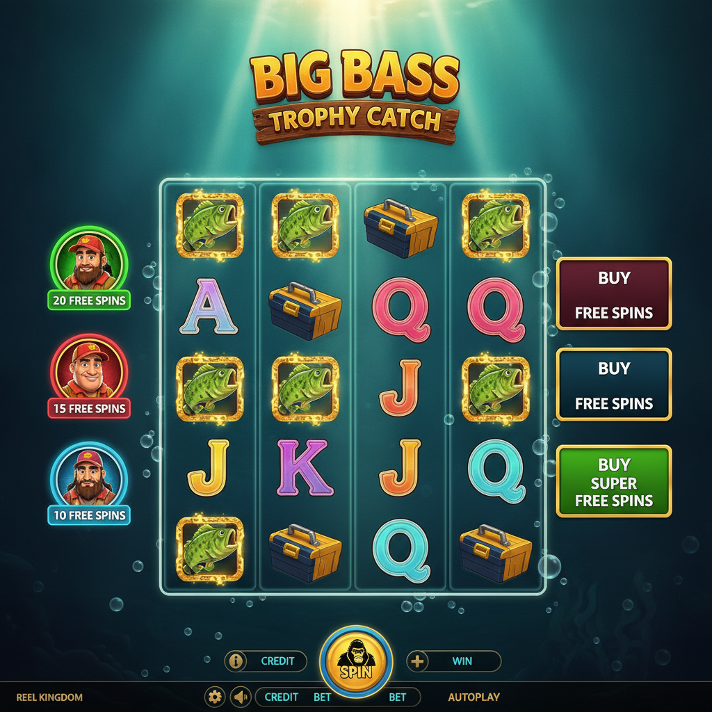 Big Bass Trophy Catch slot game featuring underwater fishing scene with 5x3 reels, colorful bass fish symbols, fishing equipment, and three fisherman characters offering free spins bonuses