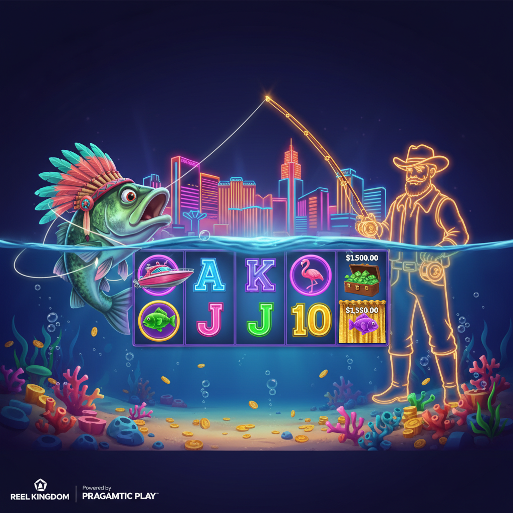 Big Bass Vegas Double Down Deluxe slot game featuring cartoon bass fish with feathered headdress, neon Vegas skyline above water, underwater reels with pink speedboat, flamingo, money briefcase and fishing rod symbols