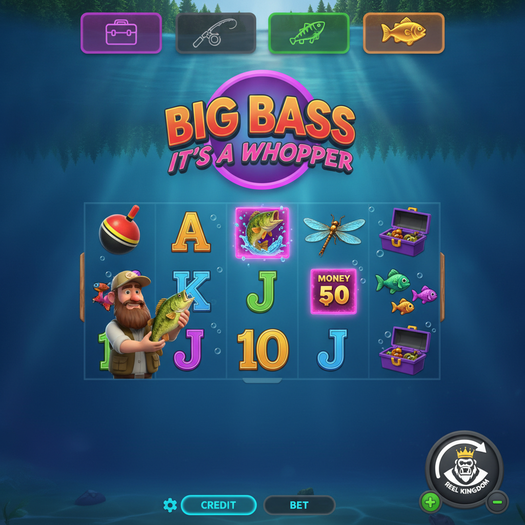 Big Bass It's a Whopper Jackpot Bonanza slot game showing fisherman with bass fish, underwater lake scene with 5x3 reel grid, four progressive jackpots, scatter and wild symbols, vibrant fishing theme by Pragmatic Play