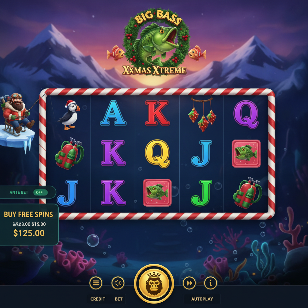 Big Bass Xmas Xtreme slot showing fisherman character in winter gear with Christmas wreath and festive bass fish symbols on icy underwater reels