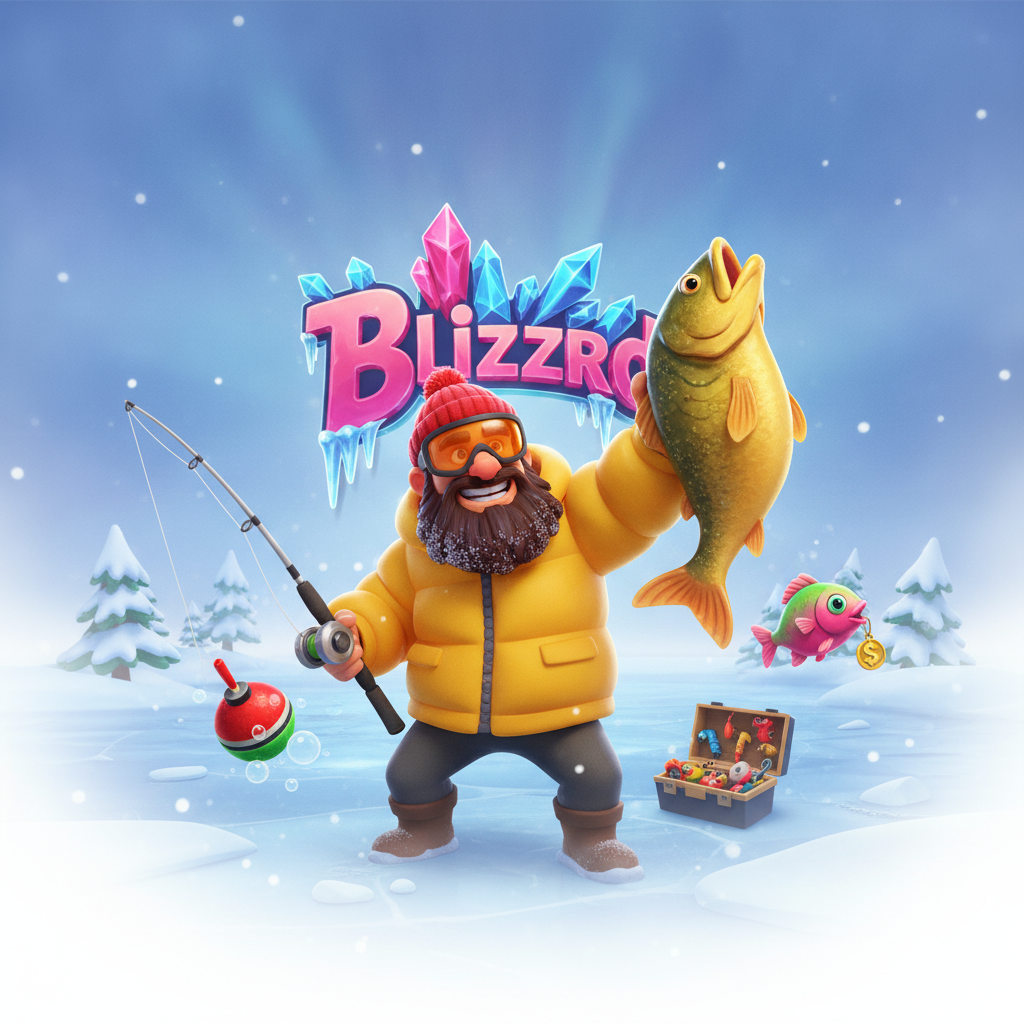 Bigger Bass Blizzard Christmas Catch slot game featuring cartoon fisherman in yellow jacket and red beanie on frozen lake with fishing gear and Christmas trees