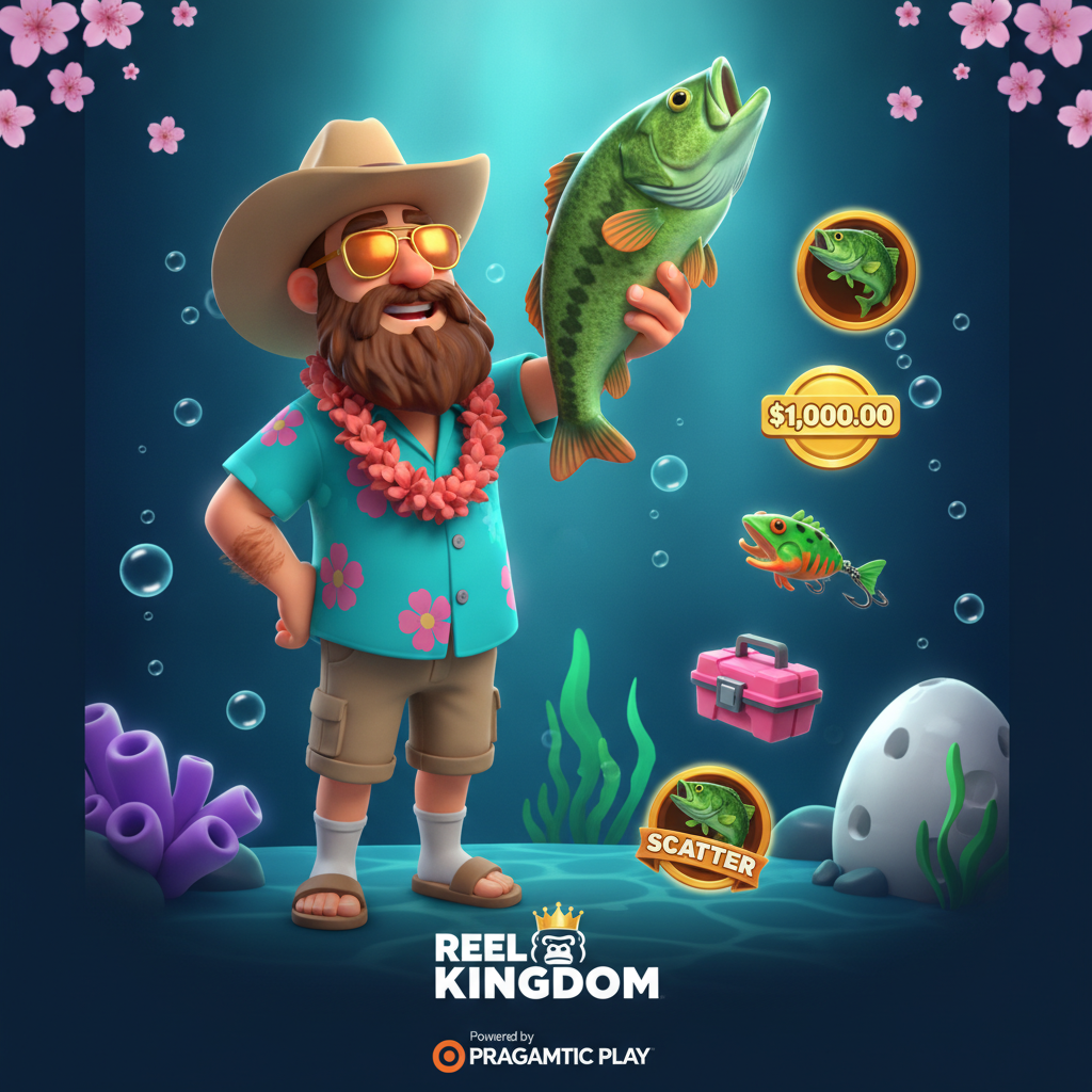 Bigger Bass Splash slot game featuring cartoon fisherman with Hawaiian shirt and cowboy hat holding green bass fish against bright turquoise underwater background with coral and money fish symbols