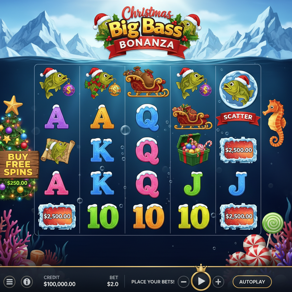 Christmas Big Bass Bonanza slot machine showing underwater Christmas scene with festive bass fish wearing Santa hats, icy letter symbols, sleigh and present symbols on 5 reels